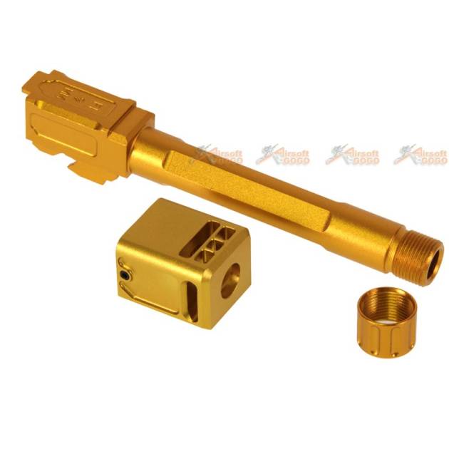 5KU 14mm CCW Threaded "FI 9 MM" Outer Barrel with Stubby Compensator for Marui / WE G17 Series GBB (Gold)