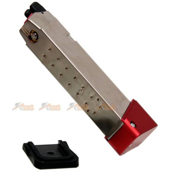 AGG X AMORER WORKS CUSTOM Magazine with Aluminum Mag Base Stand for Marui WE Glock series GBB (silver & red) - Image 2