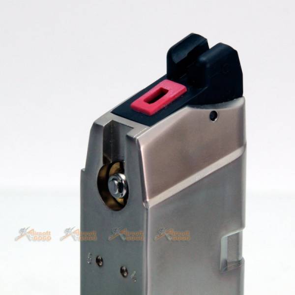 AGG X AMORER WORKS CUSTOM Magazine with Aluminum Mag Base Stand for Marui WE Glock series GBB (silver & red) - Image 3