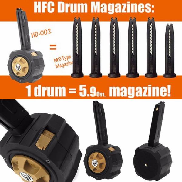 HFC M9 Metal Gas Drum Magazine for Marui / WE / HFC M9 Series Airsoft GBB (Black) - Image 9