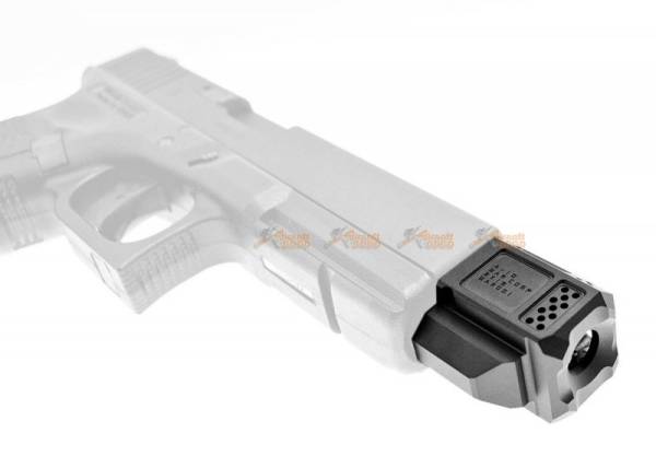 JDG WAR A10 Compensator 14mm CCW for Umarex(VFC)/ Tokyo Marui/ WE G17/ G18/ G19X/ G22/ G26 GBB  ( Licensed by WAR ) ( Black ) - Image 2